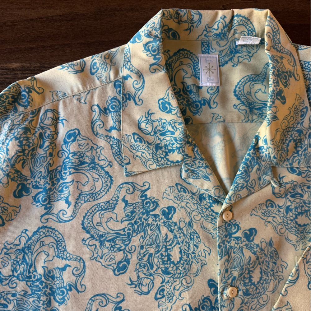 Men's Burma Bibas Light Green and Blue Oriental Dragon Print Silk Shirt
